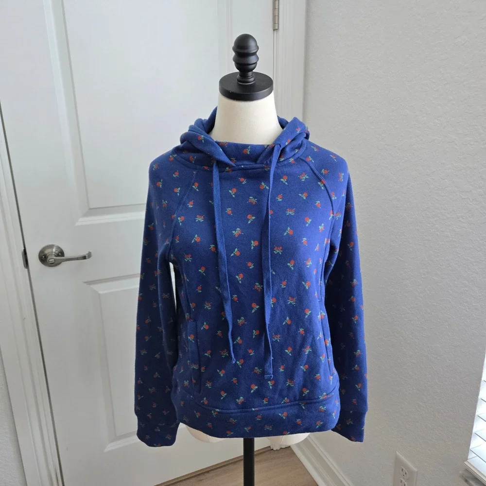 Daily Practice Anthropologie Blue Cherry Print Hoodie Sweatshirt OB2096624 Small